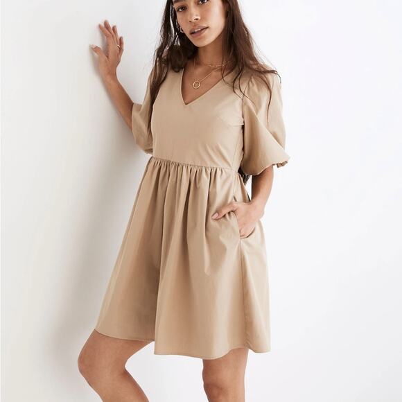 Madewell Poplin V-Neck Bubble-Sleeve Mini Dress in Toasted Sesame - Picture 1 of 9